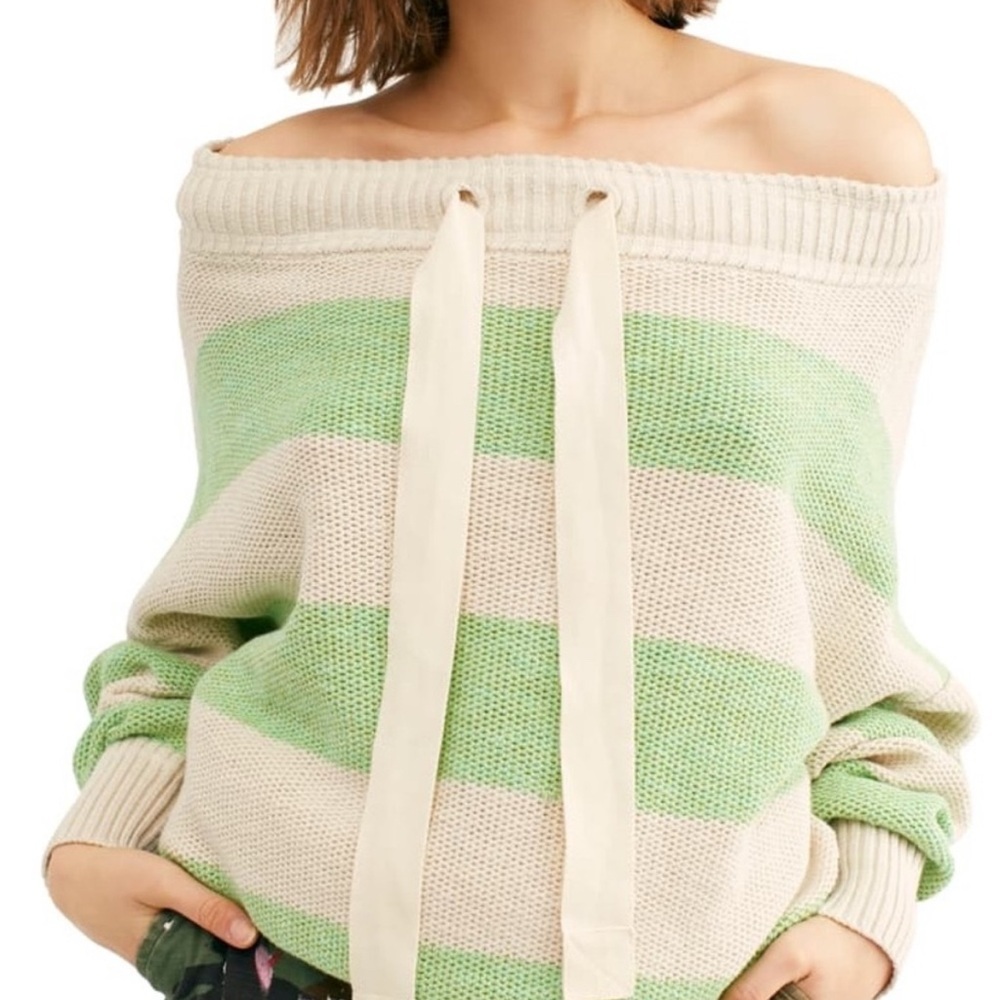 Free People Cassidy Off the Shoulder‎ Pullover Sweater Green Stripe Relaxed